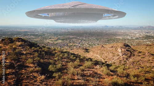 Obraz na plátně Alien Spaceship Soucer Hovering over Phoenix Arizona City Illustration