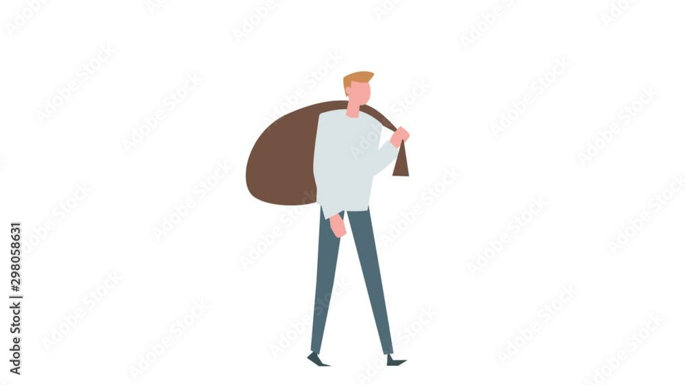 Flat cartoon colorful man character animation. Male walk cycle carry bagful sack on back situation Flat cartoon colorful man character animation. Male walk cycle carry bagful sack on back situation