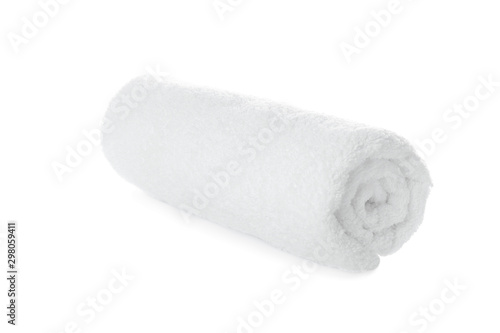 Rolled soft terry towel on white background