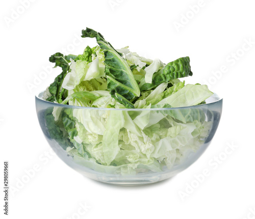 Chopped fresh green savoy cabbage in bowl on white background
