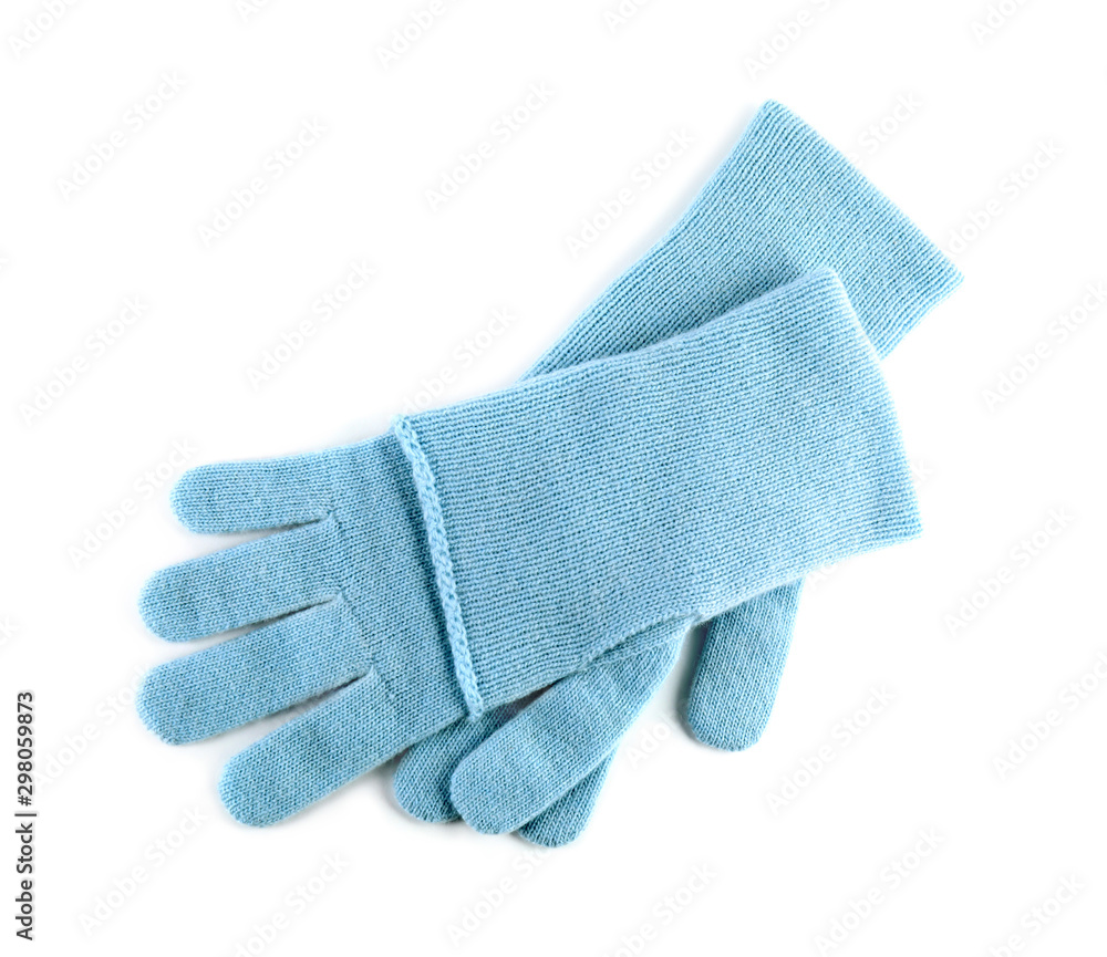 Stylish blue gloves on white background, top view. Autumn clothes Stylish blue gloves on white background, top view. Autumn clothes