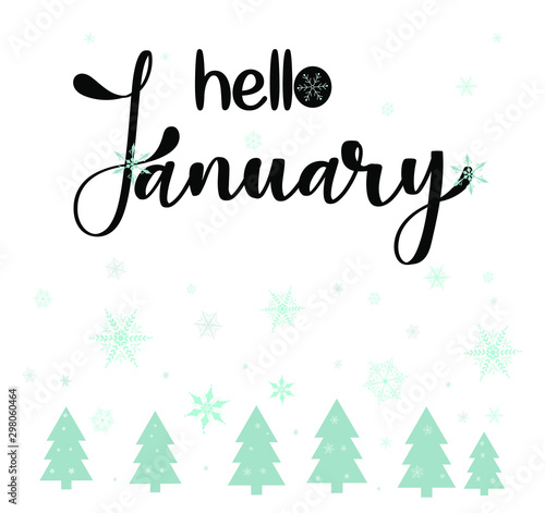 Hello January month with snowflakes on the trees. Decoration snowflakes. Illustration month January