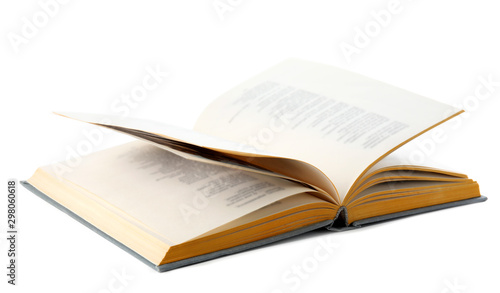 Open grey hardcover book on white background