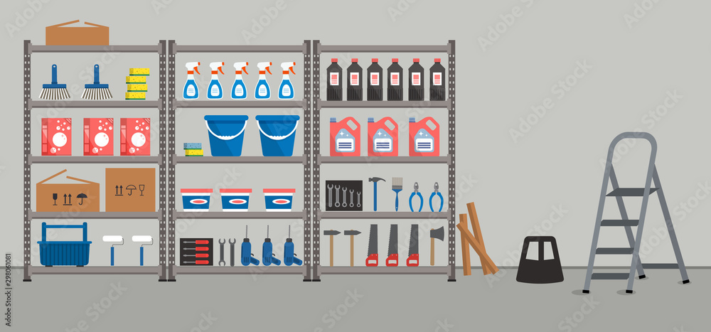 Obraz premium Storeroom. Shelving with household goods. Warehouse racks. There are tools, boxes, buckets, brushes, bottles, step ladder and other things in the picture. Vector illustration.