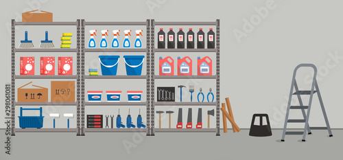 Storeroom. Shelving with household goods. Warehouse racks. There are tools, boxes, buckets, brushes, bottles, step ladder and other things in the picture. Vector illustration.