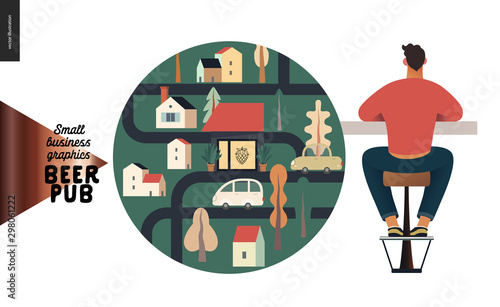 Brewery, craft beer pub -small business graphics - location icon and a bar visitor on the bar stool -modern flat vector concept illustrations - map and young man