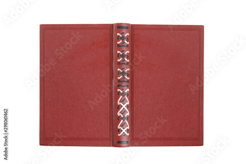 Hardcover book on white background, top view