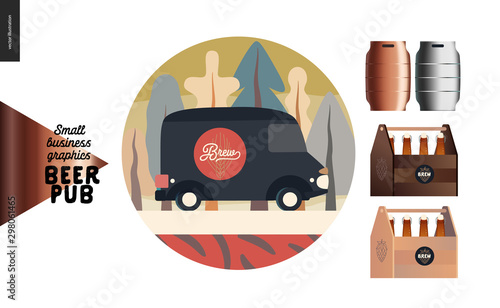Brewery, craft beer pub - small business graphics - delivery van and some beer - modern flat vector concept illustrations. Delivery or catering car in the park, draft beer casks, wooden beer packs
