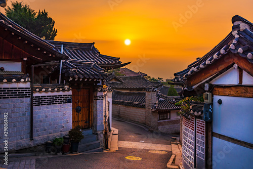 The atmosphere at sunrise of Bukchon hanok village,South Korea.