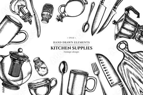 Floral design with black and white Chef's knifes, teaspoon, spoon, fork, knife, cutting board, bottle of oil, teapots, coffee pot, cups, sugar bowl, pepper shaker, salt shaker