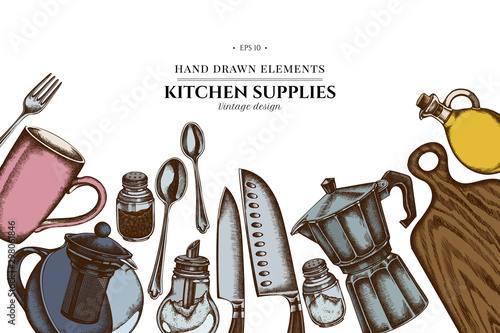 Floral design with colored Chef's knifes, teaspoon, spoon, fork, knife, cutting board, bottle of oil, teapots, coffee pot, cups, sugar bowl, pepper shaker, salt shaker