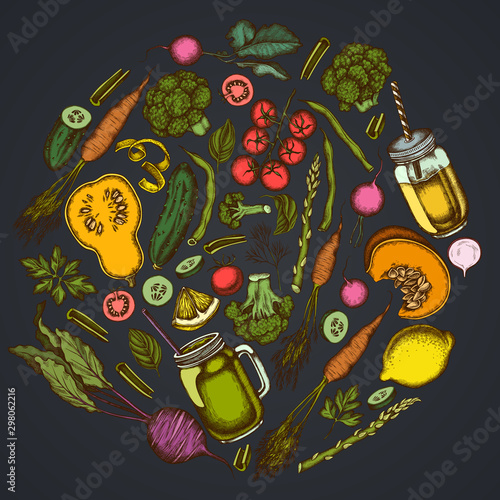 Round floral design on dark background with lemons, broccoli, radish, green beans, cherry tomatoes, beet, greenery, carrot, basil, pumpkin, smoothie cup, smothie jars, cucumber, celery