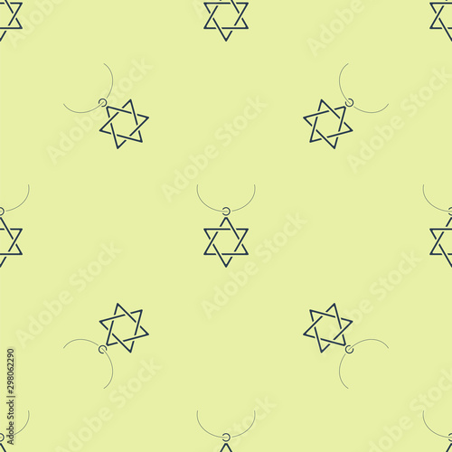 Blue Star of David necklace on chain icon isolated seamless pattern on yellow background. Jewish religion symbol. Symbol of Israel. Jewellery and accessory. Vector Illustration
