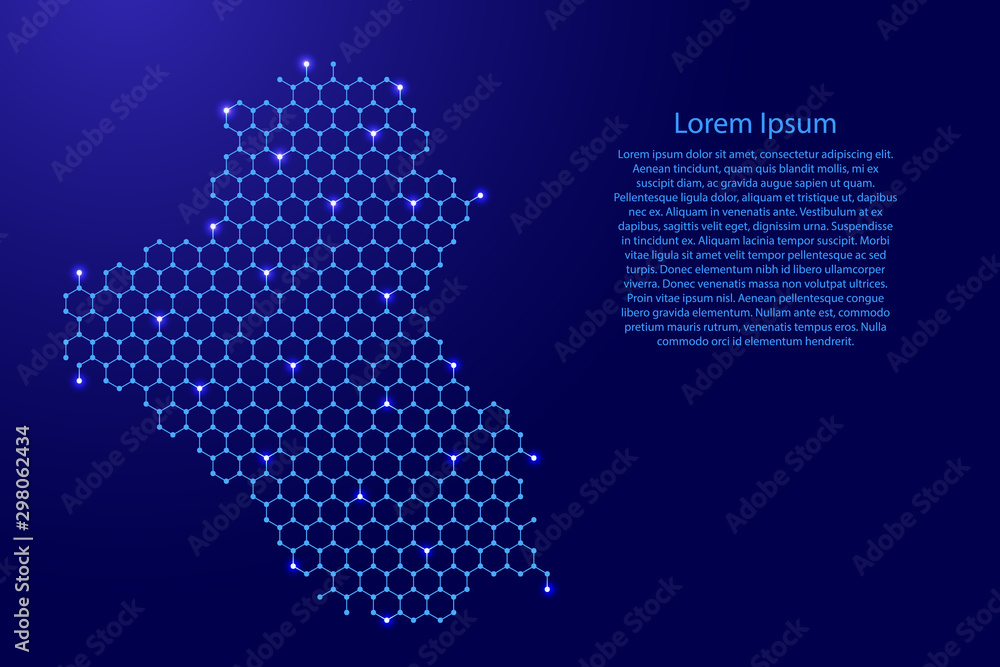 Iraq map from futuristic hexagonal shapes, lines, points  blue and glowing stars in nodes, form of honeycomb or molecular structure for banner, poster, greeting card. Vector illustration.