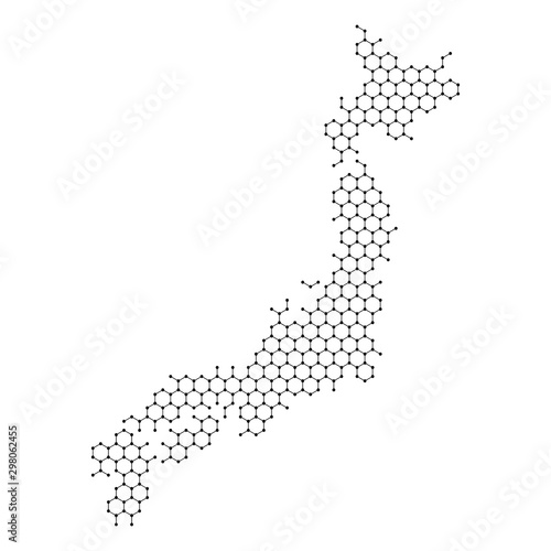 Japan map from abstract futuristic hexagonal shapes, lines, points black, form of honeycomb or molecular structure. Vector illustration.