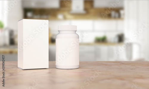 Blank Plastic Packaging Bottle with Box on Kitchen Background. Food supplement package for capsules. 