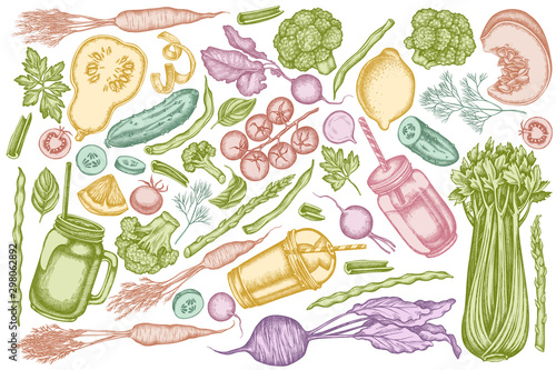 Vector set of hand drawn pastel lemons, broccoli, radish, green beans, cherry tomatoes, beet, greenery, carrot, basil, pumpkin, smoothie cup, smothie jars, cucumber, celery