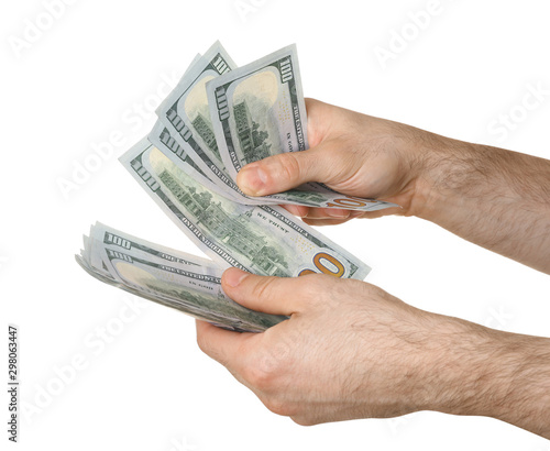 Man counting American money on white background, closeup