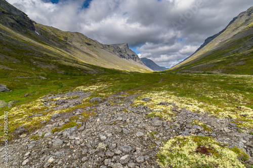 Mountain tundra with mosses and rocks covered with lichens, Hibiny mountains above the Arctic circle, Kola peninsula, Murmansk region, Russia