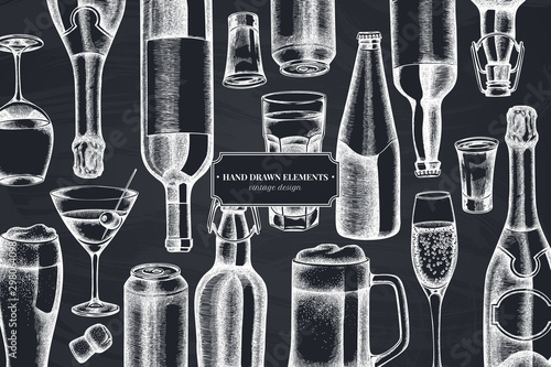 Floral design with chalk glass, champagne, mug of beer, alcohol shot, bottles of beer, bottle of wine, glass of champagne, glass of wine, glass of martini, aluminum can