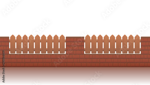 Low brick wall with little wooden fence. Seamless extendable. Isolated vector illustration on white background.