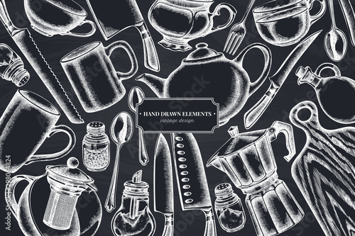 Floral design with chalk Chef's knifes, teaspoon, spoon, fork, knife, cutting board, bottle of oil, teapots, coffee pot, cups, sugar bowl, pepper shaker, salt shaker