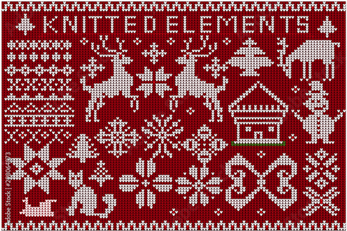 Set of Christmas knitted elements and decorations. Knitted deer, snowflakes, ornament, Christmas tree on a red background.