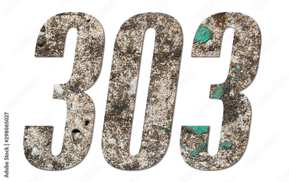 Number 303 with old concrete wall on white background Number 303 with old concrete wall on white background