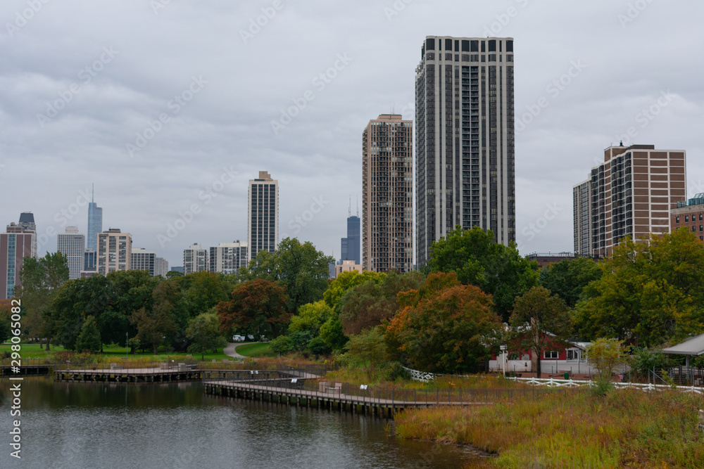 Chicago Skyline and South Pond in Lincoln Park Chicago