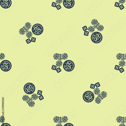 Blue Casino chips, game dice and glass of whiskey with ice cubes icon isolated seamless pattern on yellow background. Casino poker. Vector Illustration