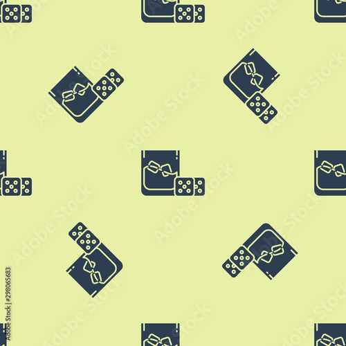 Blue Game dice and glass of whiskey with ice cubes icon isolated seamless pattern on yellow background. Casino gambling. Vector Illustration