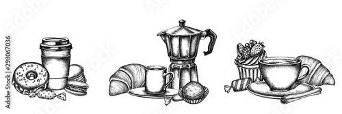 Flower bouquet of black and white cinnamon, macaron, candies, croissants and bread, coffee cups, paper cup, cupcake, espresso cup, coffee pot, donut, truffle
