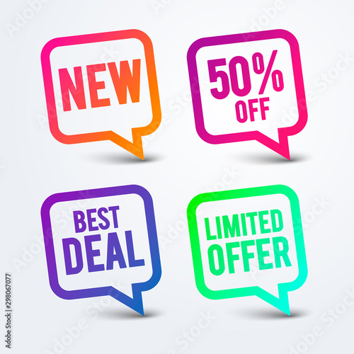 Vector illustration colorful best deal speech bubble, new sticker, 50 procent off icon, limited offer label.