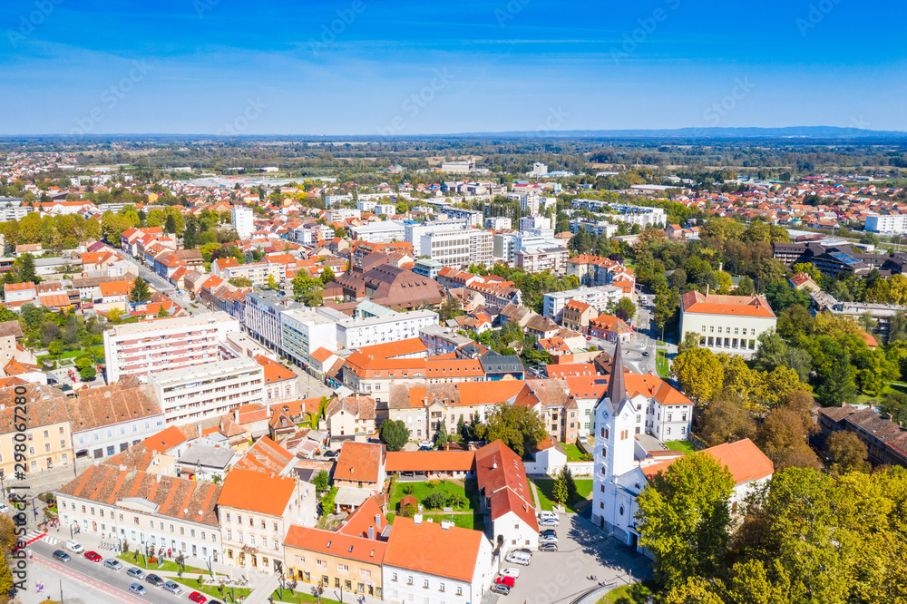 Croatia, town of Sisak, panoramic view of the old town center and cathedral tower