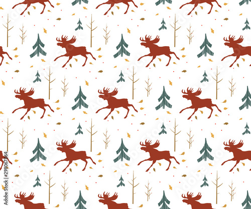 Seamless pattern with running elk in the autumn forest. Vector texture with a silhouette of a moose, trees and leaves. Graphic color print for textile and fabric.