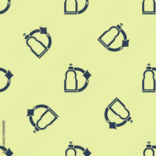 Blue Plastic bottle for liquid laundry detergent, bleach, dishwashing liquid or another cleaning agent icon isolated seamless pattern on yellow background. Vector Illustration