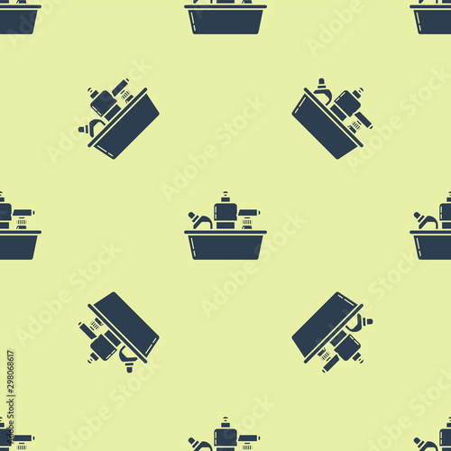 Blue Plastic bottles for liquid laundry detergent, bleach, dishwashing liquid or another cleaning agent icon isolated seamless pattern on yellow background. Vector Illustration