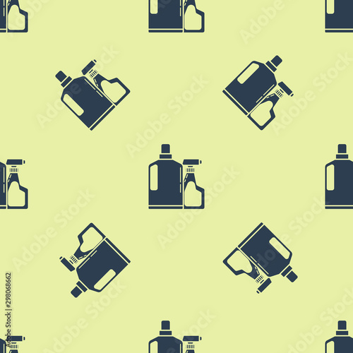 Blue Plastic bottles for liquid laundry detergent, bleach, dishwashing liquid or another cleaning agent icon isolated seamless pattern on yellow background. Vector Illustration