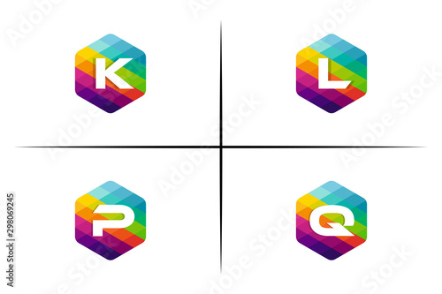 set of K  L  P and Q letter colorful logo in the hexagonal. Vector design template elements for your application or company identity