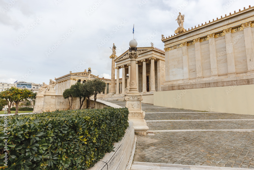 Exterior view of the Academy of Athens, Outside view of Ancient Greek style architecture in Athens, Greece