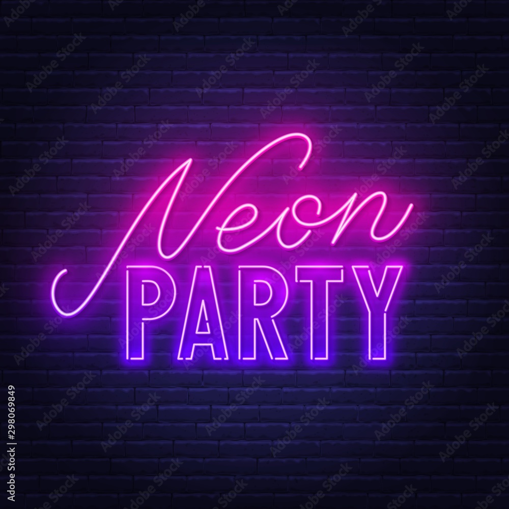 Neon lettering Neon Party on brick wall background. Vector illustration.  Stock Vector | Adobe Stock