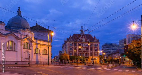 Illustration of view on streets in night light of Szeged