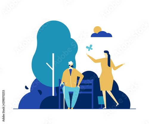 Young woman and old man on outdoor stroll flat vector illustration