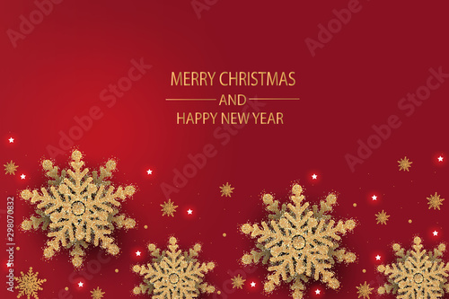 Merry Christmas and Happy New Year. Christmas greeting card red background with gold snowflakes.