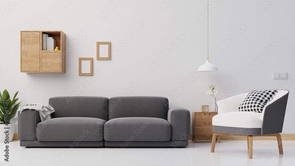 Interior poster mock up living room with colorful white sofa . 3D rendering. - obrazy, fototapety, plakaty 