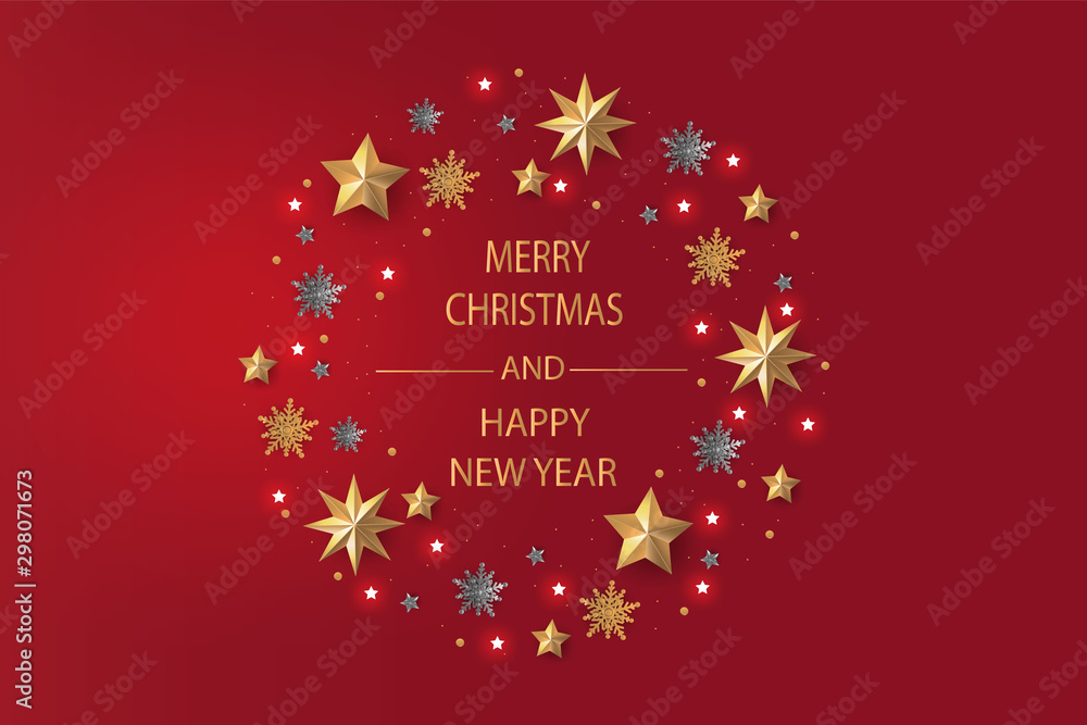 Merry Christmas and Happy New Year. Christmas wreath made of cutout gold stars, silver snowflakes and gold snowflakes. Paper art style. Merry Christmas and Happy New Year. Christmas wreath made of cutout gold stars, silver snowflakes and gold snowflakes. Paper art style.