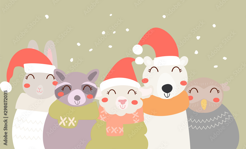 Flat scandinavian style cartoon cute character animals in winter clothes and Santa hat. Minimal vector illustration, merry Christmas card. Flat scandinavian style cartoon cute character animals in winter clothes and Santa hat. Minimal vector illustration, merry Christmas card.