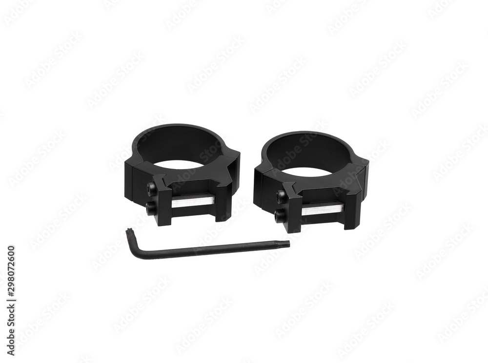 Quick disconnect mount made for holding a scope on a rifle isolated on white back. Quick Release Sniper Cantilever Scope Mount. Quick disconnect mount made for holding a scope on a rifle isolated on white back. Quick Release Sniper Cantilever Scope Mount.