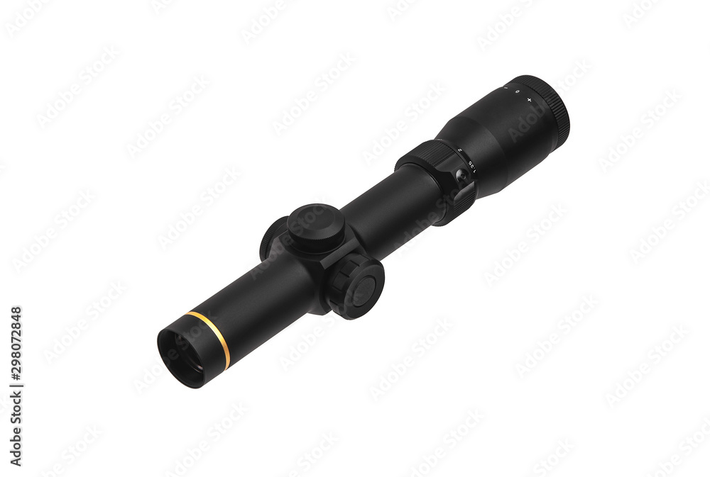 modern black optical scope for weapon isolated on whited. sight scope isolated on white back. modern black optical scope for weapon isolated on whited. sight scope isolated on white back.