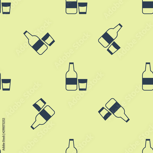 Blue Closed glass bottle with milk and glass icon isolated seamless pattern on yellow background. Vector Illustration